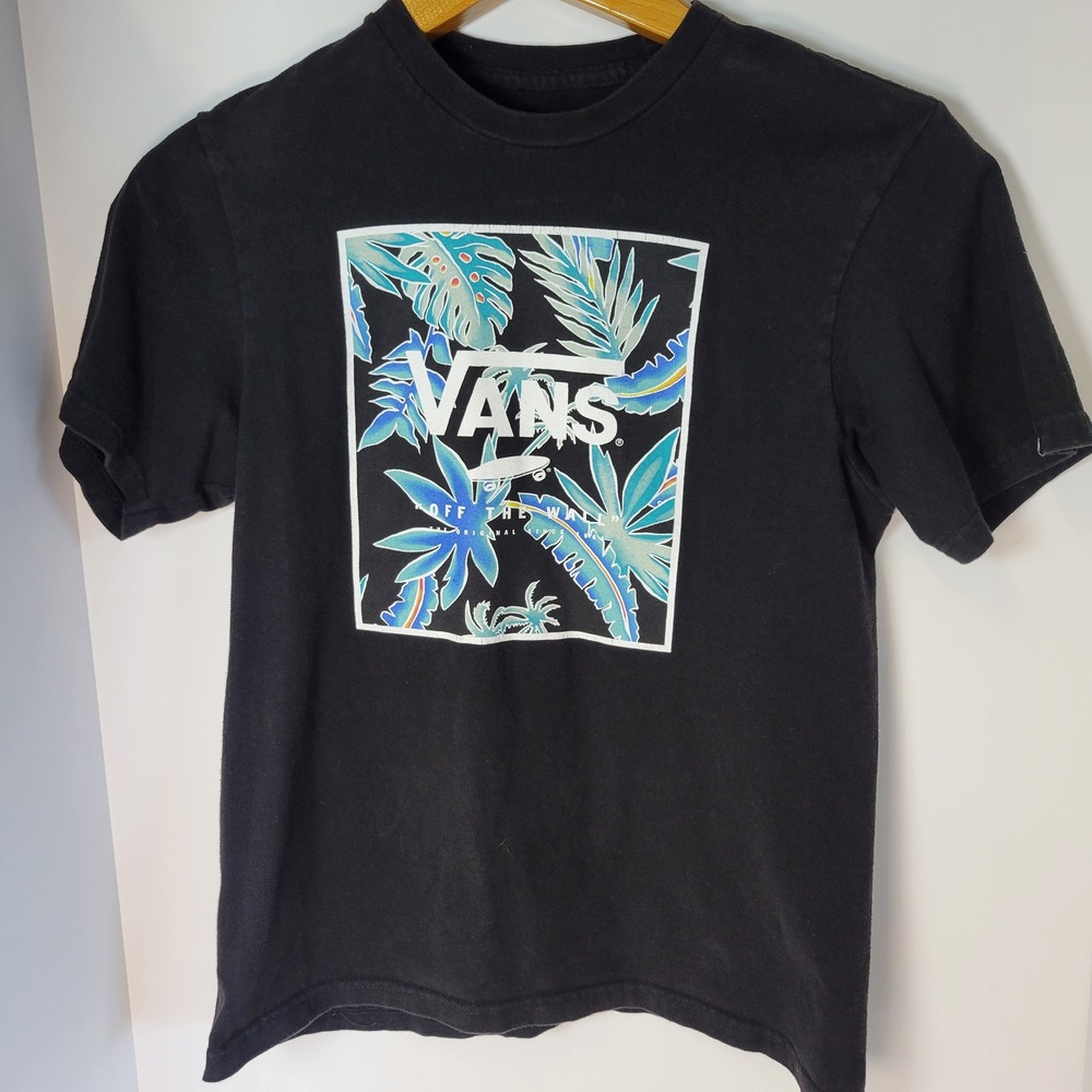 Vans Boys Large 12-14 T-Shirt Black Tropical Palm Leaf Logo Graphic Tee Skater